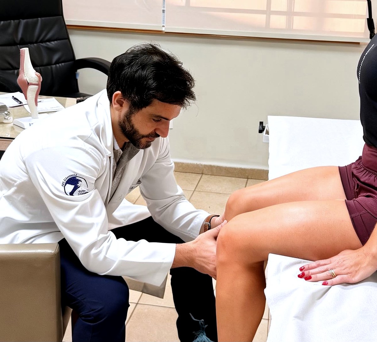 Dr. Igor Cardillo realizando exame f&iacute;sico do joelho em consulta